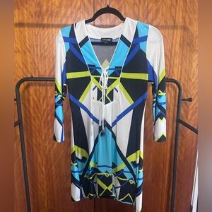 Analili XS Turquoise, Lime and Black Geometric V-Neck Dress